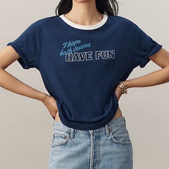 Anthropologie Maeve Graphic Ringer Tee I Hope Both Teams Have Fun Navy Blue - Picture 1 of 9
